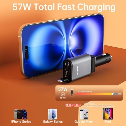 Ultra-Slim Flexino Retractable Car Charger – 57 W Fast Charge for i Phone 16/15, Galaxy, Pixel – Dual USB-C Ports for Concurrent Charging – Compact & Tangle-Free Design – Essential Travel Accessory for Seamless Connectivity