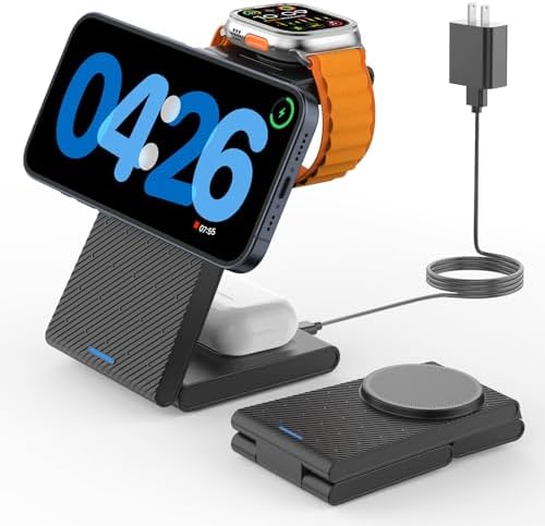 GEEKERA 3-in-1 Foldable Wireless Charging Station for Apple Devices – Fast Charge Your i Phone 16/15/14/13/12/11 Pro Max, Apple Watch Ultra/10/9/SE/8/7/6/5 & Air Pods Pro/4/3/2 with Travel-Friendly Design – Ultimate Multi-Device Charging Solution for Home & On-the-Go Efficiency