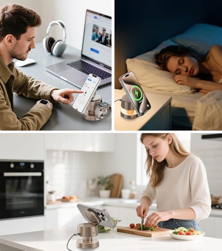 Sleek 4-in-1 Wireless Charging Station with Night Lamp – Fast Aluminum Alloy Charger Dock for i Phone 16/15/14/13/12, Apple Watch & Air Pods – Multi-Device Convenience in Stylish Grey Finish – Ideal for Decluttering Nightstands and Workspaces