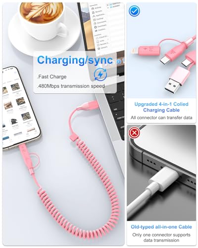 Coiled 4-in-1 USB C to C & Lightning Charging Cable Set – 3 FT Fast Charging Cord for i Phone 15/16, Samsung Devices, Compatible with Apple Car Play & Android Auto – Tangle-Free Design for Ultimate Convenience and Reliability