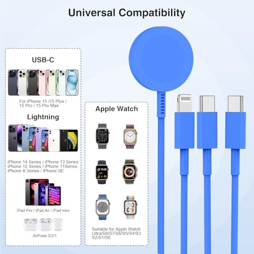 Ultimate 3-in-1 Magnetic Charger for Apple Watch – Fast USB-C Charging Cable for i Phone & i Pad Compatibility – 6 FT Versatile Length for All Apple Watch Series – Durable Design for Effortless Home and Travel Charging