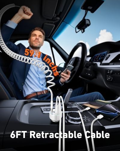 90 W 4-Port USB C Car Charger with 6 FT Coiled Cable – Super Fast Charging for i Phone 16/16 e/15 Pro Max/Plus, Samsung Galaxy S25/S24, Pixel & Android Devices – Ultimate Travel Companion for Multiple Devices with Enhanced Compatibility and High-Performance Output