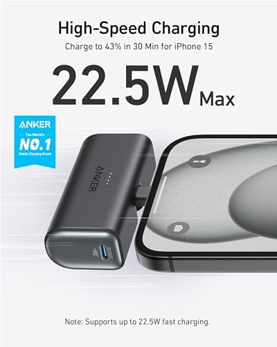 ANKER i Phone 16 Nano Power Bank – 5,000 m Ah Portable Charger with Built-in USB-C Connector for Fast Charging – Compatible with i Phone 16/15, Samsung S22/S23, i Pad Pro/Air, Air Pods & More – Ultra-Compact Design for On-the-Go Power Solutions