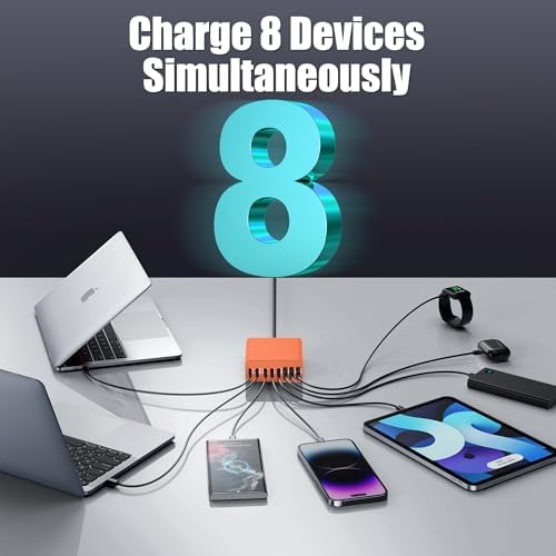 Ultra-Compact 8-Port USB-C Fast Charging Hub with Ga N III Technology – Versatile Power Adapter for Mac Book Pro, Dell, i Pad, i Phone & Samsung Galaxy – Striking Orange Design for Home, Office & Travel Convenience