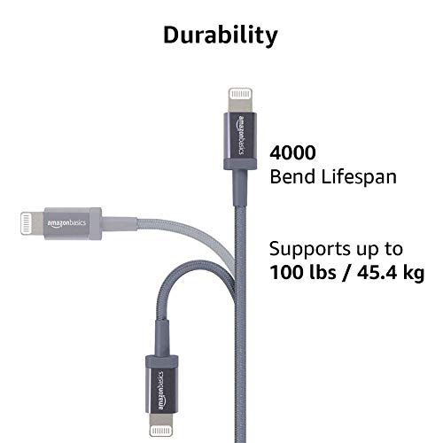 Amazon Basics 6-Foot Nylon Braided USB-C to Lightning Charger Cable – Fast Charging Power for i Phone 14/13/12/11/X/XS Pro/Pro Max/Plus – MFi Certified Durability in Dark Gray – Optimal Performance for Apple Devices on the Go