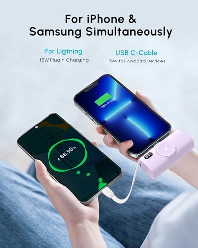 Sleek Purple Wireless Power Bank for Apple Watch & i Phone 14/16 Pro Max – 5000 m Ah Lightweight Fast Charge Charger with USB-C Connectivity for Effortless Travel and On-the-Go Power Solutions