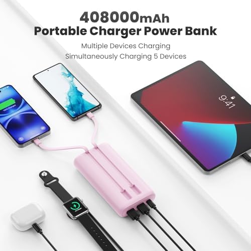 Ultra-High Capacity 40,800 m Ah Power Bank with 25 W Fast Charging – Dual Built-in Cables & 5 Outputs for Quick Device Charging – Compatible with i Phone 16/15 & Android – Sleek Blue Portable Charger for On-the-Go Power Solutions