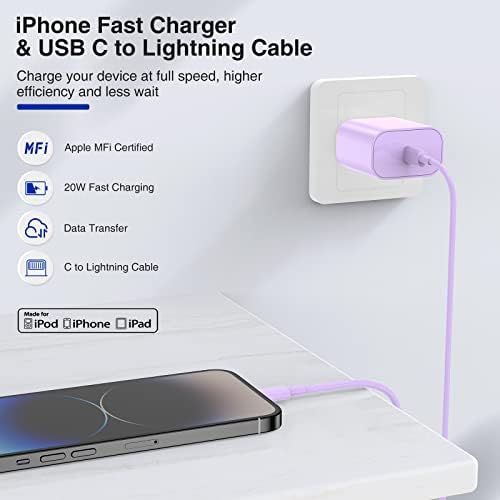 Ultra-Fast 20 W i Phone Charger with 10 ft USB C to Lightning Cable – Stylish Pink Fast Charging Block for i Phone 14 Pro Max, 13, 12, 11, XS, SE, i Pads & Air Pods – Unmatched Compatibility & Durability for On-the-Go Power