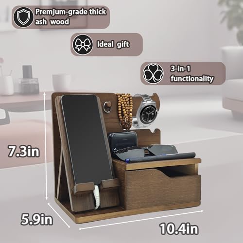 Sleek 3-in-1 Wood Phone Docking Station with Hidden Charging Hole & Drawer – Multifunctional Organizer for Phones, Keys, Glasses & Accessories, Ideal Men’s Desk Solution (Brown) – Premium Quality & Enhanced Compatibility