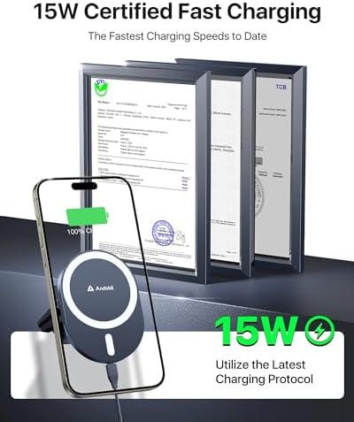 andobil 15 W Fast Wireless Car Charger & Magnetic Phone Mount for i Phone 16 Pro Max, 15 Pro, 14 Pro Max, 13, 12 – Seamless Integration of High-Speed Charging and Secure Magnetic Support for an Enhanced Driving Experience, Adjustable Viewing Angles, and Sleek Design for Effortless Accessibility
