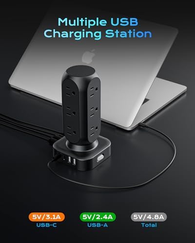 Revolutionize Your Charging Setup with the Flat Plug Power Strip Tower – 10 FT Extension Cord, 40 W Fast Charging Station Featuring 12 AC Outlets and 8 USB Ports (4 USB-C) for Ultimate Device Connectivity and Safety in Home, Office, or Dorm Room