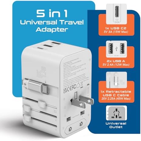 Universal Travel Power Adapter with 45 W PD Retractable USB-C Cable – Ultimate Multi-Device Charger for Global Use – Compatible with Laptops, Smartphones & Cameras – Essential Travel Accessory for US, EU & UK Adventures – Compact Design for Hassle-Free Charging