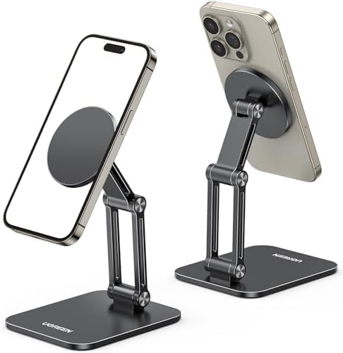 UGREEN Magnetic Phone Stand Compatible with MagSafe iPhone Holder for Desk Ergonomic Design Adjustable, Aluminum Cell Phone Stand Compatible for iPhone 16 15 14 13 12 Pro Max and MagSafe Case, Black – Enhanced Compatibility and Speed