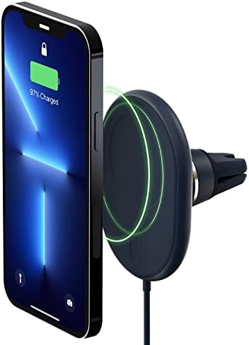 i Ottie Velox Qi2 Mini Wireless Charging Car Mount – Advanced Mag Safe Air Vent Holder with 15 W Fast Charging for i Phone 12-16 & Qi2 Smartphones – Includes Ready-to-Use Car Charger – Streamlined One-Hand Operation for Effortless Navigation and Music Control – Durable, Stylish Design for Enhanced Vehicle Aesthetics