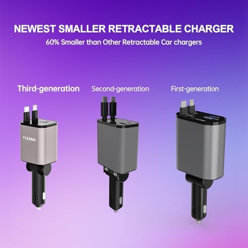 Premium Flexino Compact Retractable Car Charger for i Phone 16 – 69 W Fast Charging with Dual 2.6 ft USB C Cords | Efficient Power Adapter Compatible with i Phone 16/15/14/13/12 Series & Galaxy Devices | Sleek Grey Design for Ultimate Portability and Reduced Cable Clutter