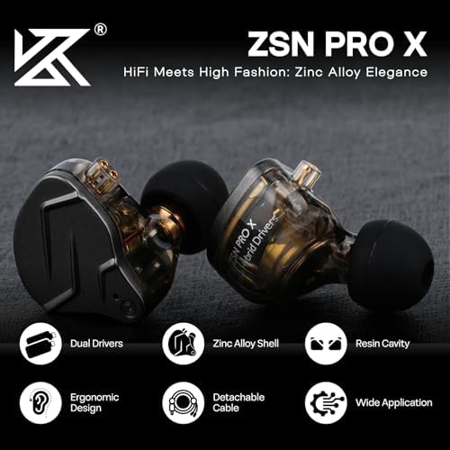 Linsoul KZ ZSN PRO X Hybrid Metal In-Ear Monitors with Dual Driver Technology – 1 BA + 1 DD for Hi-Fi Sound, Detachable 2-Pin Cable, Zinc Alloy Durability, Enhanced Device Compatibility, Perfect for Audiophiles and Music Lovers