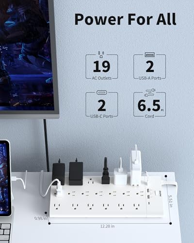 Ultimate Surge Protector Power Strip with 19 Outlets & 4 USB Ports – Heavy-Duty 6.5 Ft Extension Cord, 1875 W Power Capacity, 2100 Joules Surge Protection, Wall Mountable for Home, Office, and Gaming – Efficient Power Management Solution in Sleek Black Design
