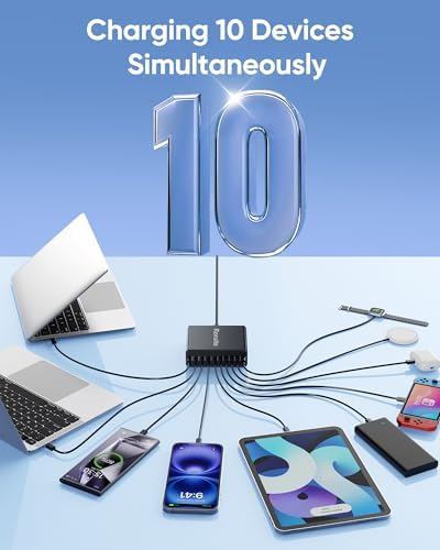 Ultimate 10-Port Ga N USB C Charging Station – Fast, Safe Universal Charger for Laptops, i Phones, i Pads, and Android Devices – Compact Multi-Device Power Hub for Home, Office & Travel
