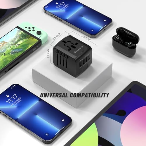 Advanced 7-in-1 Universal Travel Adapter with 35 W PD Fast Charging – Sleek Black & Silver Design for Worldwide Use, Featuring 4 USB-C and 2 USB-A Ports for Effortless Connectivity Across the US, UK, Europe, and Australia – Unmatched Compatibility and Speed for Every Adventure