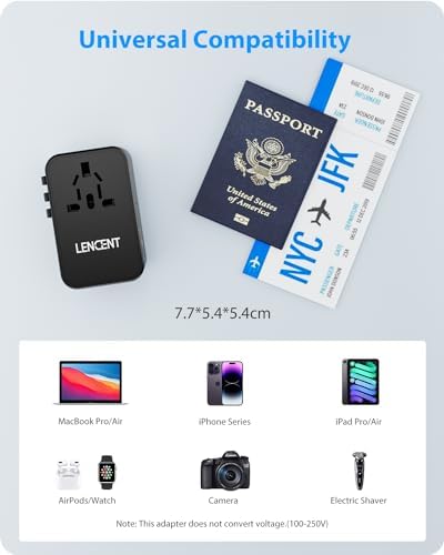 LENCENT 70 W Universal Travel Adapter – High-Efficiency Ga N Fast Charger with Triple PD3.0 Type-C Ports & Dual QC USB-A Outlets for Global Power Needs – Compact Power Converter Compatible with EU, USA, UK, AU Devices – Perfect for Laptops, Phones & Tablets on the Go