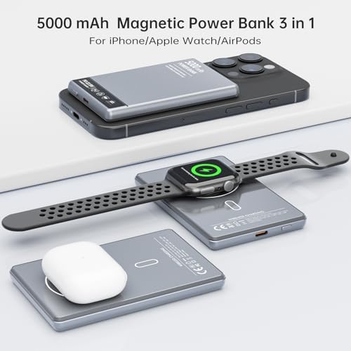 Ultra-Slim 3-in-1 Mag Safe Portable Charger – 5000 m Ah Fast Wireless Power Bank with 15 W Magnetic Charging and 22.5 W USB-C PD for i Phone 16/15/14/13/12, Air Pods, Apple Watch, and Android Devices – Perfect for On-the-Go Power Solutions