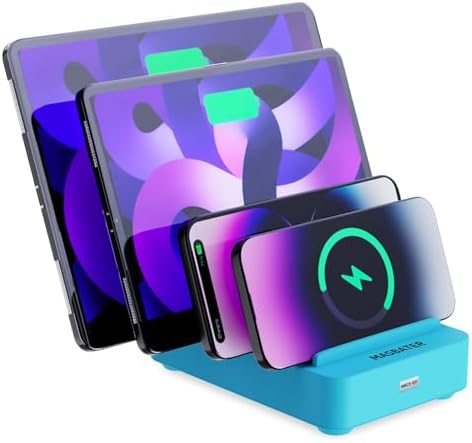 Sleek 4-Port USB Charging Station for Multiple Devices – Fast Charging Dock for i Phones, i Pads, Kindle Tablets & More – Efficient Multi-Device Organizer in Stylish Blue for Home and Office Use