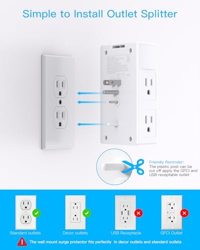 Maximize Power Efficiency with Our 5-Outlet Surge Protector and 4-Port USB Charger – Wall-Mountable Power Strip with 1680 Joules Protection for Home and Office Use, Featuring Fast USB C PD 20 W Charging for All Devices, Ideal Multi-Plug Adapter for an Organized Workspace