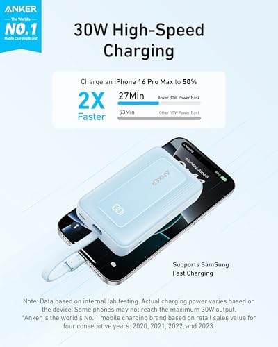 Anker 10,000 m Ah Power Bank – 30 W USB-C Fast Charging Portable Charger for Seamless Device Power, Compatible with i Phone 15/16, Mac Book, Galaxy, and More – Ultimate Travel Essential with Enhanced Safety Features and Dual Device Charging Capability