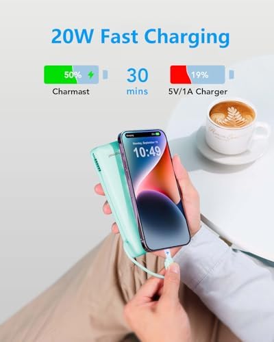 Charmast Ultra-Fast 20000 m Ah Portable Charger with Integrated Cables and Wall Plug – Universal Compatibility for i Phone 16/15/14/13, Samsung, Google, i Pad – Sleek Design, Rapid 20 W USB-C Power Delivery for On-the-Go Charging Solutions