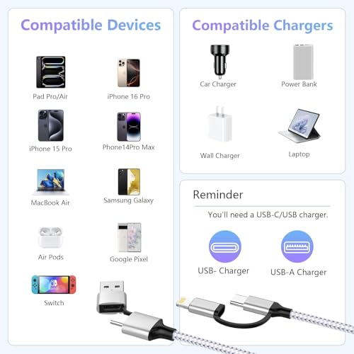 16 FT 4-in-1 USB C Charging Cable – Fast 60 W Lightning, Type C & USB A Compatibility for i Phone 15/14/13/12, Mac Book, i Pad & Samsung – Ultimate Versatile Charging & Data Transfer Solution for On-the-Go Power Users