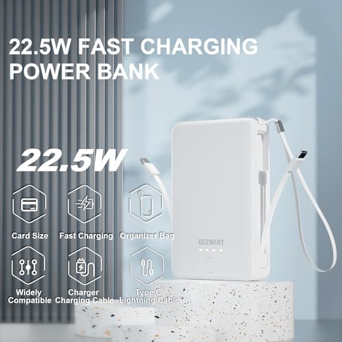 Premium 10000 m Ah Slim Portable Power Bank with Dual Built-In Cables – Fast 22.5 W Quick Charge for i Phone 11-16 & Android Devices – Ultra-Lightweight Travel Companion with 4 Outputs – Complete Charging Solution Including Wall Charger & Organizer – Versatile Compatibility for All Your Gadgets