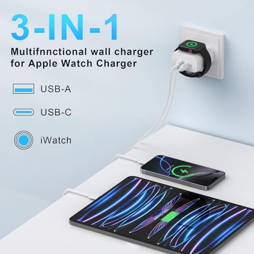 Ultimate 3-in-1 USB C Fast Charging Station for Apple Watch & i Phone – MFi Certified 23 W Dual Port Magnetic Wireless Charger for Series 1-10 & Ultra – Compact Travel Essential for Efficient Device Power and Seamless Organization