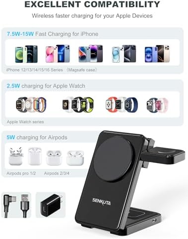 3-in-1 Magnetic Wireless Charging Station for Apple Devices – Fast Travel Charger for i Phone 12-16, Apple Watch Ultra 5/4/3, and Air Pods Pro/3/2 – Compact & Foldable Design for Efficient, Safe Charging with 18 W Adapter – Perfect for Home, Office, or Travel – Enhanced Compatibility and User-Friendly Features