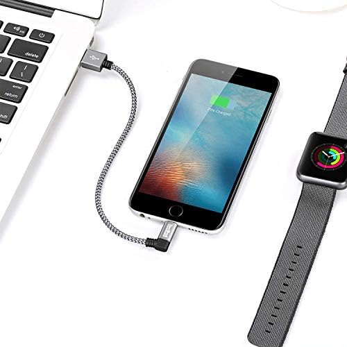 Tec Mad 0.65 ft 90-Degree MFi Certified Lightning Charging Cable – Durable Nylon Braided i Phone Charger for Efficient Power Access with Enhanced Compatibility for i Phone 14/14 Pro, i Phone 13/13 Pro/12, Air Pods Pro, i Pad Pro and More – Perfect for Tight Spaces and On-the-Go Use