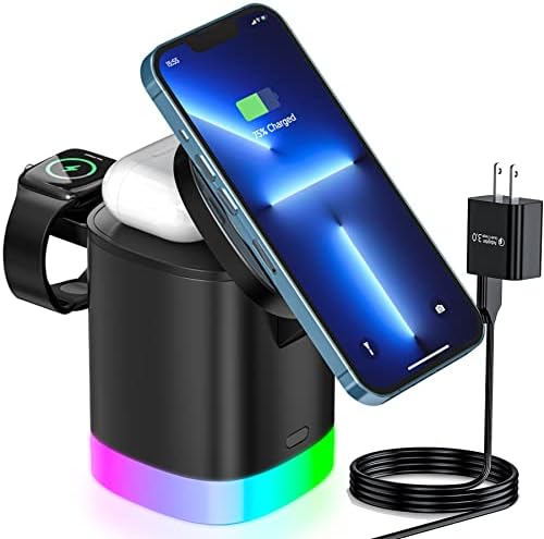 MQOUNY 3-in-1 Magnetic Wireless Charging Station for Apple Devices – Fast Mag-Safe Charger Stand for i Phone 14/13/12/11, Samsung, Apple Watch, and Air Pods with QC3.0 Adapter – Superior Compatibility and Stylish Design for Effortless Charging