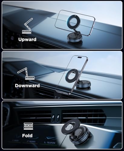 Beeasy for MagSafe Car Mount Upgraded Vacuum Suction Dashboard Phone Holder, 360° Adjustable Foldable Car Mount for iPhone 16e 16 15 14 13 12 Pro Max, Fit for Gym/Smooth Surface, Black – Enhanced Compatibility and Speed