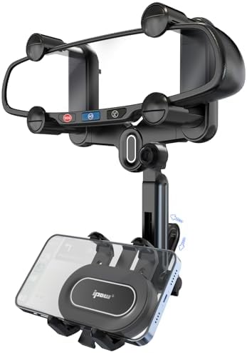 IPOW 2024 Upgraded Large Rearview Mirror Phone Holder – 360° Rotatable & Retractable Car Phone Mount with Anti-Shake Technology for Enhanced Stability & Compatibility – Ideal for Navigation and Hands-Free Communication