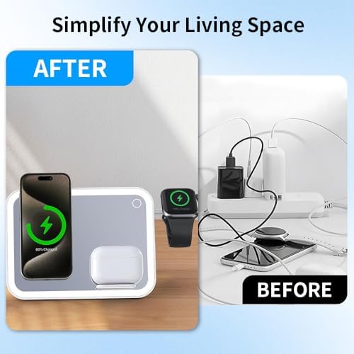 Revolutionary 5-in-1 Magnetic Charging Hub for i Phone 12/13/14/15 Series, Apple Watch 2-9, and Air Pods Pro – Multifunctional Stand with Integrated Cosmetic Mirror and Soft Night Light – Perfect Gift for Tech-Savvy Women Seeking Style and Efficiency