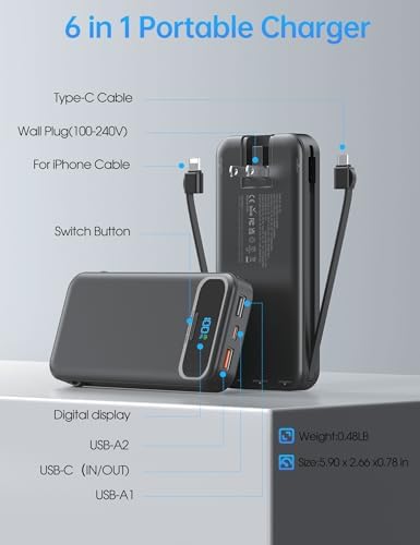 Ultra-Compact 12000 m Ah Power Bank with Built-in Charging Cables & AC Plug – 20 W PD Fast Charging for i Phone, Samsung, Android, USB-C Devices – Travel-Friendly External Battery Pack in Purple – Unmatched Portability and Efficiency for On-the-Go Charging Solutions