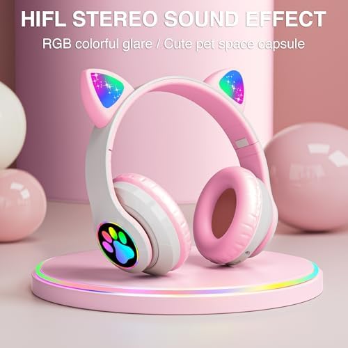 Playful Cat Ear Bluetooth Headphones for Kids – Foldable Over-Ear Design with LED Lights, Safe Listening Volume Control, Built-in Microphone, and Multi-Device Connectivity – Ideal for Music, Movies, and Gaming on i Phones, i Pads, Smartphones, and More!
