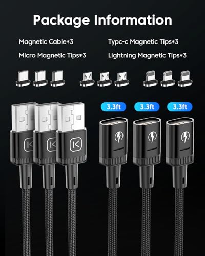 Revolutionize Your Charging with Kuulaa 3 Pack Magnetic Charging Cables – Fast 3 A Power Delivery, 3-in-1 Interchangeable Tips for Lightning, Micro USB & Type-C, Durable Nylon-Braided Design for Ultimate Reliability and Convenience