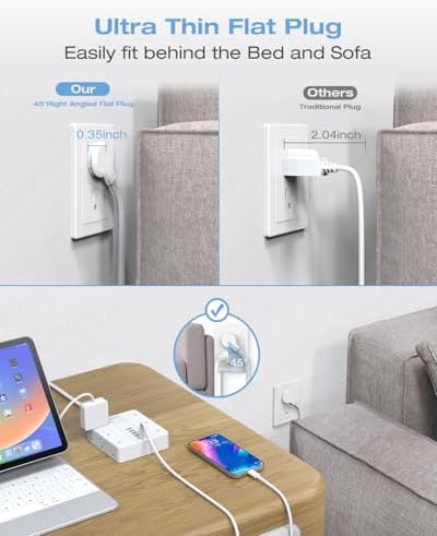 Maximize Your Charging Potential with AOFO 5 Ft Flat Plug Power Strip: 12 Outlet Surge Protector & 6 USB Ports (4 USB-A, 2 USB-C) for Home, Office, and Dorm Use – Reliable, Safe, and Space-Saving Design for All Your Devices
