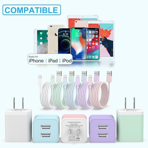 Ultimate i Phone Charging Solution: i GENJUN 5 Pack MFi Certified Fast Charging Set with Dual USB Wall Adapter & 6 FT Lightning Cables for i Phone 14, 13, 12, 11 Pro Max, XR, XS Plus – Vibrant Multicolor Selection for Enhanced Convenience and Speed