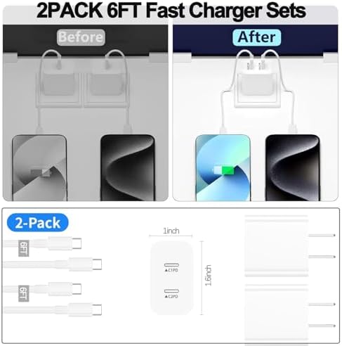 Revolutionize Your Charging Routine: Dual-Port Fast Wall Charger Set for i Phone 16 & 15 – Includes 6 FT USB C to C Cable – Rapid Power Delivery for i Pad Pro and More – Safety-First Design for Worry-Free Use – Ideal for Family and Travel Charging Needs