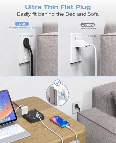 Maximize Your Charging Potential with AOFO 5 Ft Flat Plug Power Strip: 12 Outlet Surge Protector & 6 USB Ports (4 USB-A, 2 USB-C) for Home, Office, and Dorm Use – Reliable, Safe, and Space-Saving Design for All Your Devices