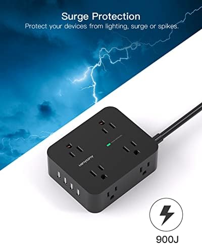 Maximize Your Power Efficiency with HANYCONY 5 Ft Ultra Thin Flat Plug Surge Protector Power Strip – 8 Outlet Extender & 4 Fast-Charging USB Ports (2 USB-C) for College Dorm Room Essentials – 1080 Joules Surge Protection & Wall Mount Design in Sleek Black Finish