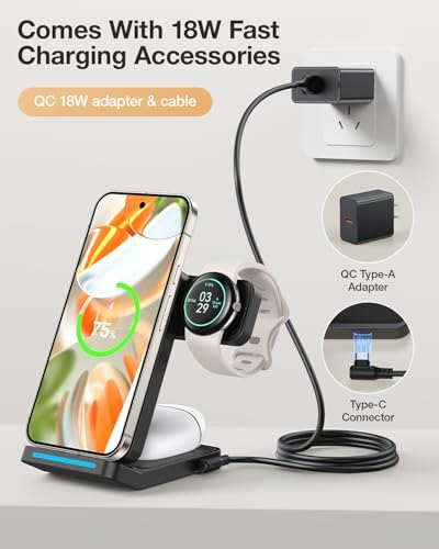 Foldable 3-in-1 Wireless Charging Station for Google Pixel Watch 1 st – 15 W Fast Charger for Pixel 9 Pro/XL, 8/7/6 Series, and Pixel Buds Pro/2 – Compact Travel Design with QC 18 W Adapter – Perfect for Home and Office Use