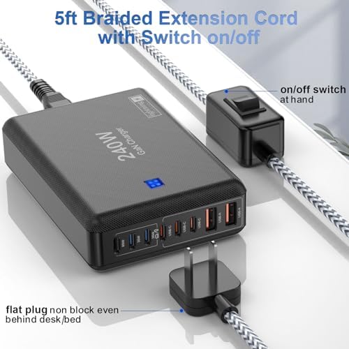 240 W High-Speed 8-Port Charging Station – Multi-Device USB Hub for i Phone, i Pad & Mac Book with 6 USB-C PD Ports, 2 USB-A Ports, 5 ft Braided Cord, On/Off Switch, Flat Plug Design for Travel Convenience and Optimal Space Management – Ultimate Charging Solution for Tech Enthusiasts
