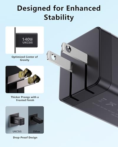 Ultra-Compact 140 W Ga N USB-C Fast Charger – Triple-Port Power Hub for Rapid Charging of Mac Book Pro, i Pad Pro, Galaxy, and i Phone – Foldable Travel Design with 4 ft Cable for Effortless Portability and Efficient Power Solutions