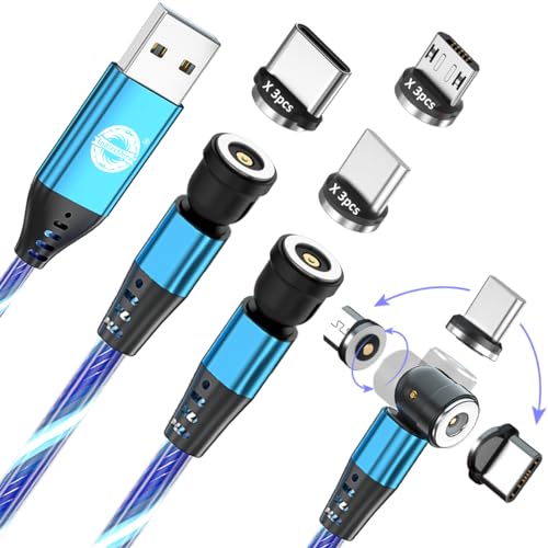 Versatile 3-Pack Magnetic Charging Cable Set – 3 FT, 6 FT, 6 FT | 180° & 360° Rotating Heads for i Product, Micro USB & Type C Devices | LED Indicator | Durable & Tangle-Free Design for Effortless Connectivity and Enhanced Charging Speed in Purple